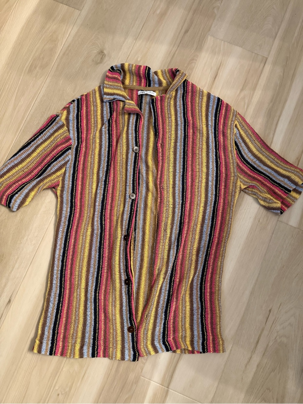 Zara Multicolor Striped Knit Top — Yellow, Pink, Brown, Black, Gray